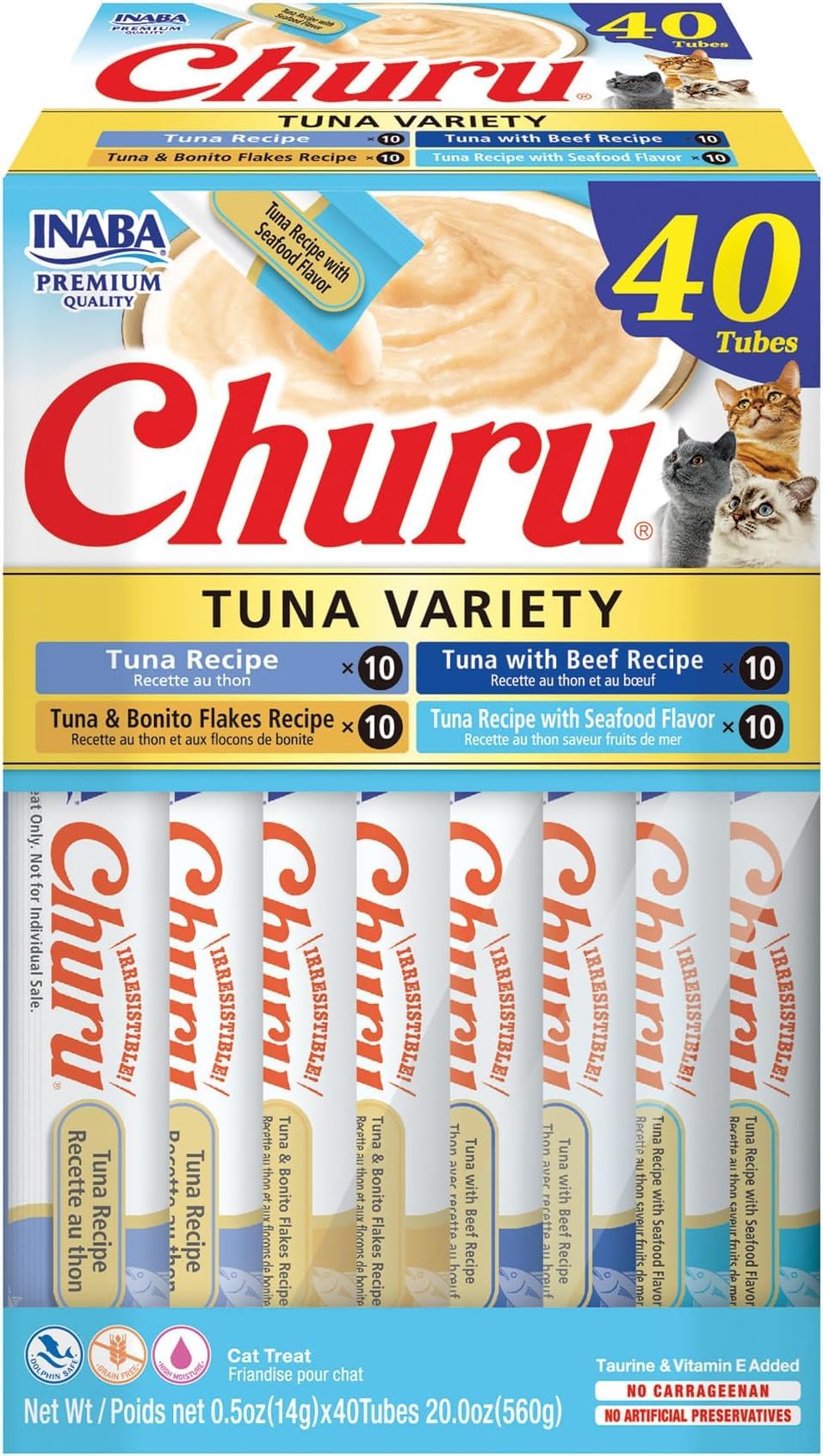 INABA Churu Cat Treats, Lickable, Squeezable Creamy Purée Cat Treat with Green Tea Extract & Taurine, 0.5 Ounces Each Tube, 50 Tubes, Tuna & Chicken Variety