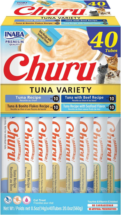 INABA Churu Cat Treats, Lickable, Squeezable Creamy Purée Cat Treat with Green Tea Extract & Taurine, 0.5 Ounces Each Tube, 50 Tubes, Tuna & Chicken Variety