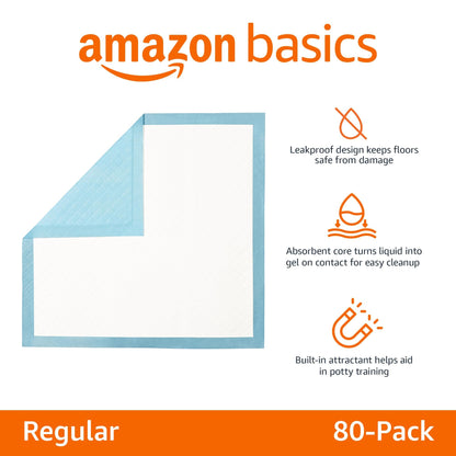 Amazon Basics Heavy Duty Dog and Puppy Pee Pads, Leak-Proof 5-Layer Super Absorbent, Quick-Dry Surface for Potty Training and Housebreaking, Giant Size, 27.5 x 44 Inch, Blue & White, 30-Pack