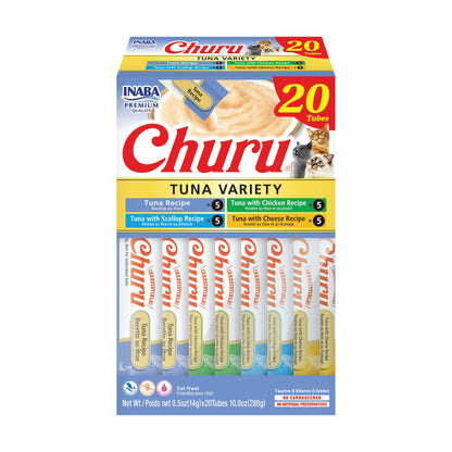 INABA Churu Cat Treats, Lickable, Squeezable Creamy Purée Cat Treat with Green Tea Extract & Taurine, 0.5 Ounces Each Tube, 50 Tubes, Tuna & Chicken Variety