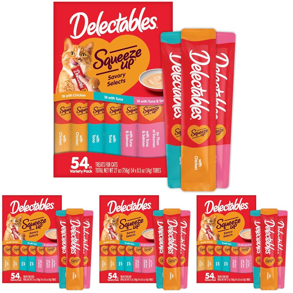 Delectables Squeeze Up Variety Pack, Creamy Squeezable Puree, Lickable Wet Cat Treats, Grain Free, No Added Fillers, No by-Products, No Added Preservatives, 0.5 Ounces Tube, 20 Tubes Total