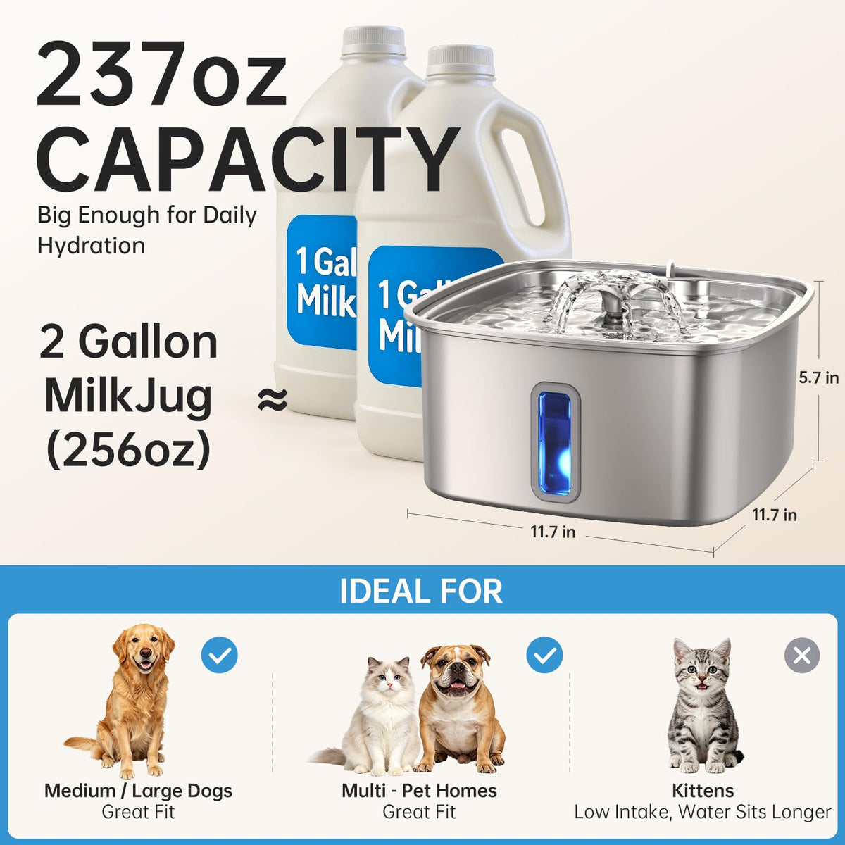Veken Innovation Award Winner Stainless Steel Cat Water Fountain, 108oz, C1