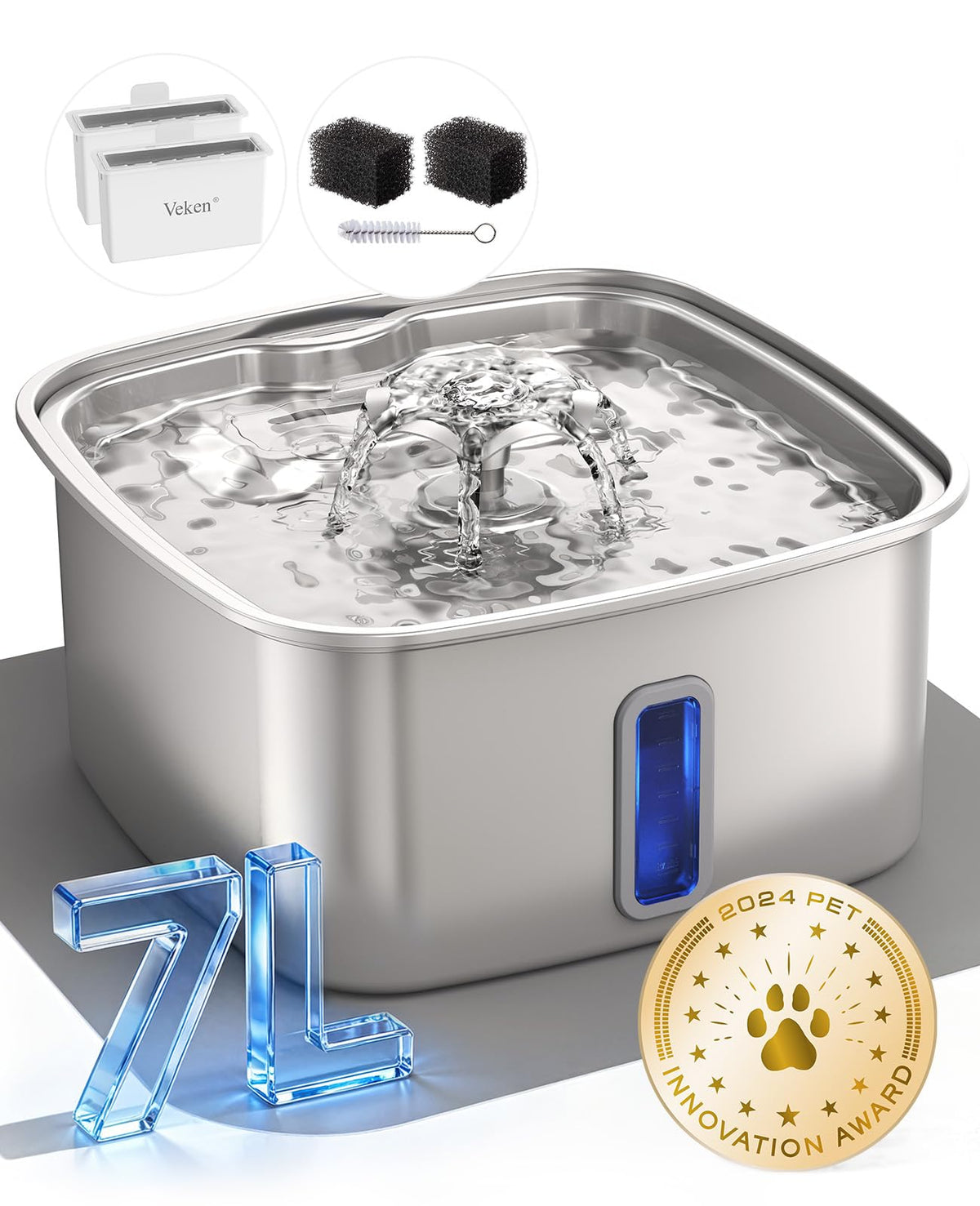 Veken Innovation Award Winner Stainless Steel Cat Water Fountain, 108oz, C1