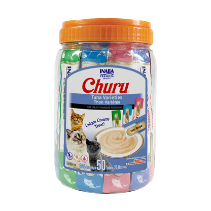 INABA Churu Cat Treats, Lickable, Squeezable Creamy Purée Cat Treat with Green Tea Extract & Taurine, 0.5 Ounces Each Tube, 50 Tubes, Tuna & Chicken Variety