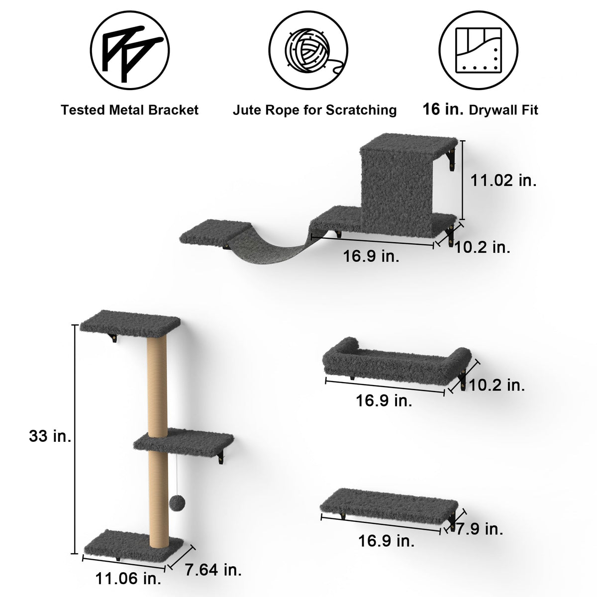 FUKUMARU Cat Wall Shelves, Stable & Safe 4 in 1 Cat Furniture Set, Wooden Climbing Wall with Scratching Post for 16 Inch Drywall - Gray