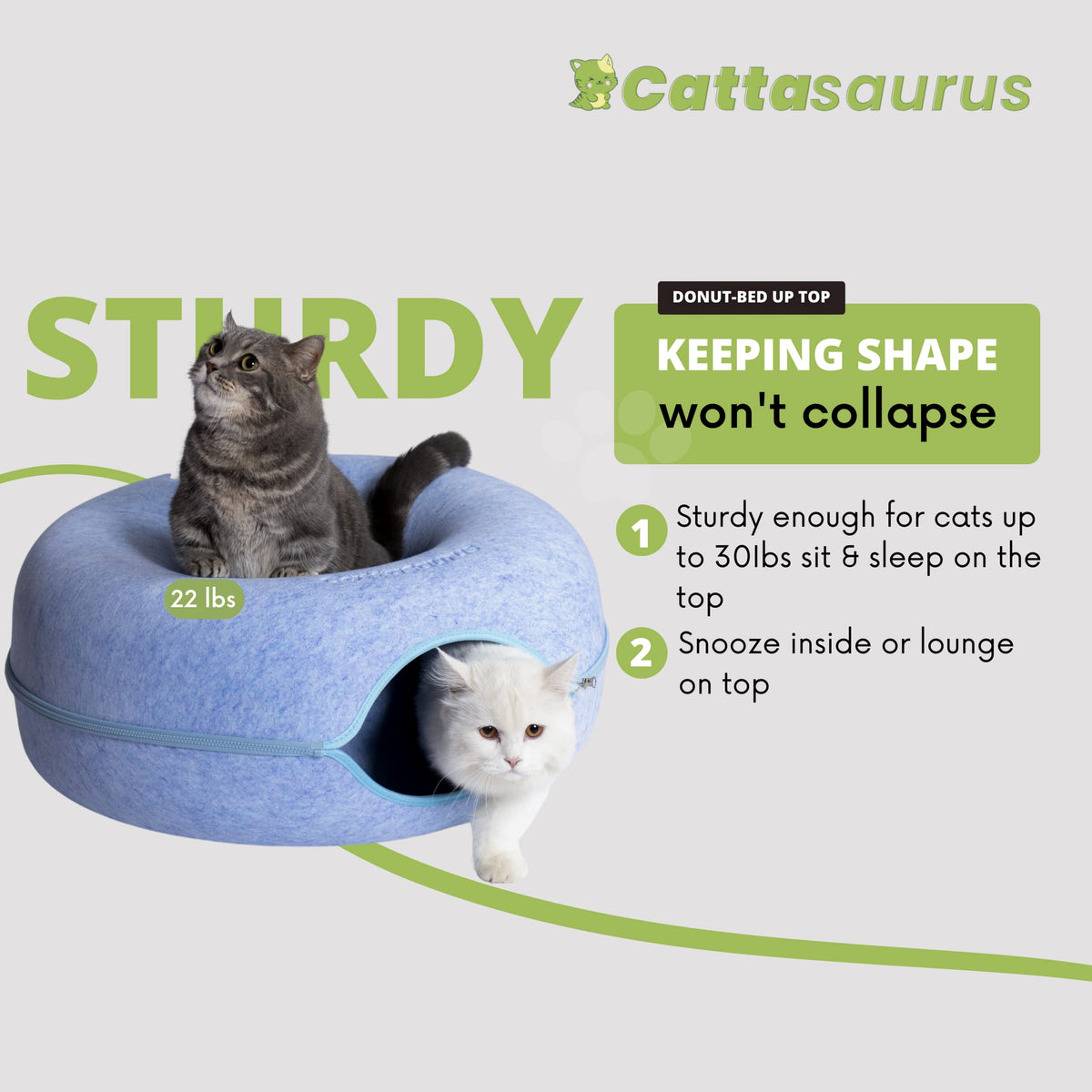 CATTASAURUS Peekaboo Cat Cave for Multiple & Large Cats Up to 30-45 Lbs, Scratch Detachable & Washable Tunnel Bed, Comfy Donut Cat Cave (Light Gray, Large)
