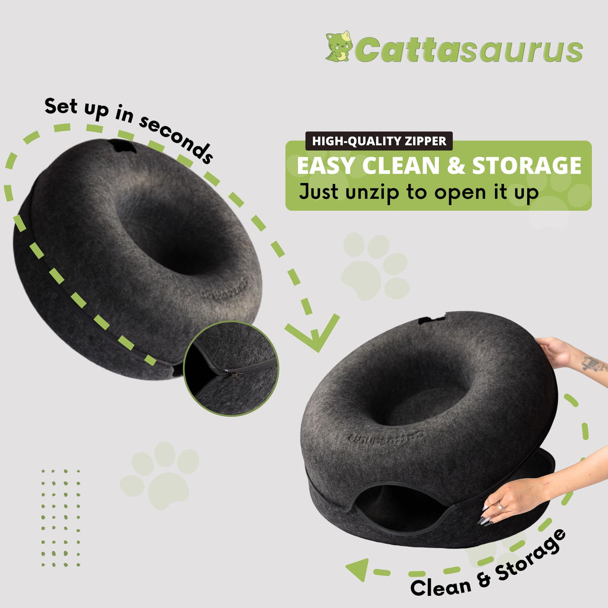 CATTASAURUS Peekaboo Cat Cave for Multiple & Large Cats Up to 30-45 Lbs, Scratch Detachable & Washable Tunnel Bed, Comfy Donut Cat Cave (Light Gray, Large)
