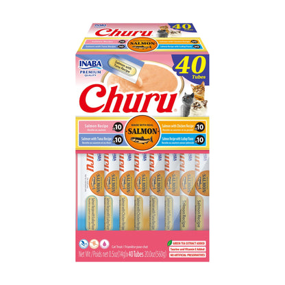INABA Churu Cat Treats, Lickable, Squeezable Creamy Purée Cat Treat with Green Tea Extract & Taurine, 0.5 Ounces Each Tube, 50 Tubes, Tuna & Chicken Variety