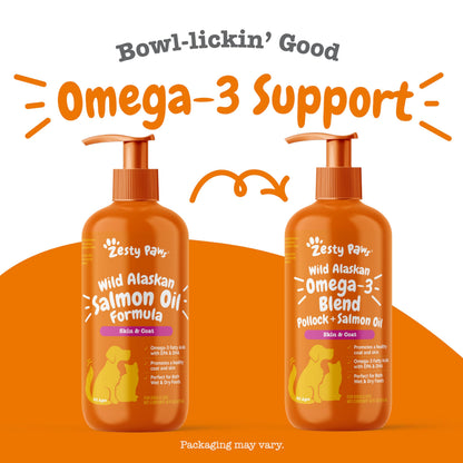 Zesty Paws Wild Alaskan Omega-3 Blend Pollock + Salmon Oil for Dogs and Cats- Skin and Coat Support, Omega 3 Supplement for Pets, 16oz