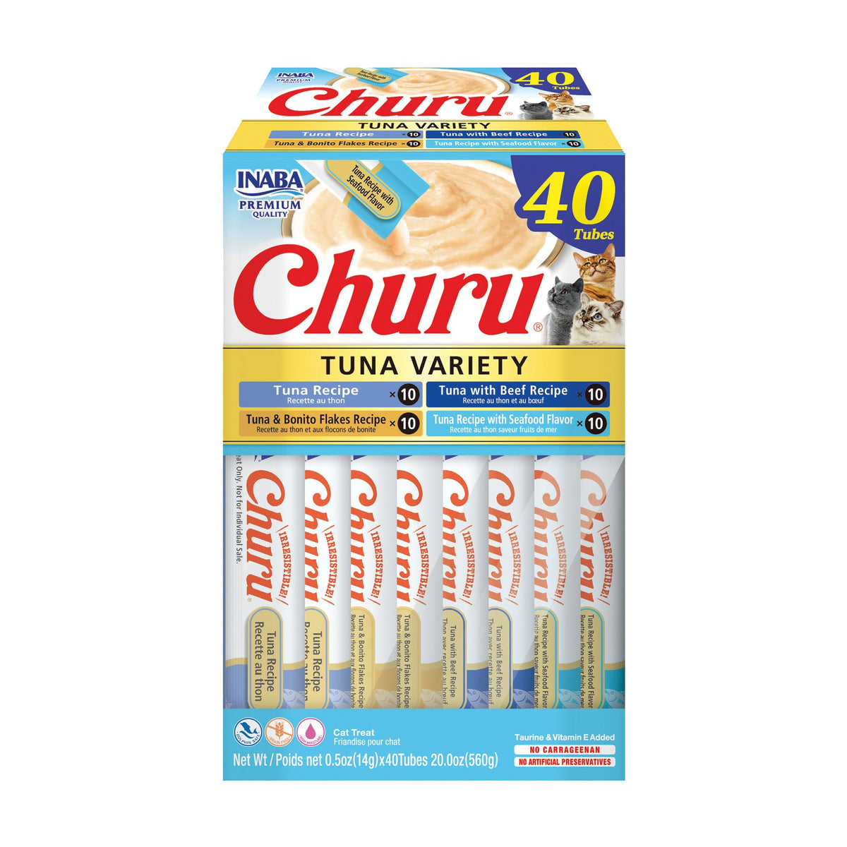 INABA Churu Cat Treats, Lickable, Squeezable Creamy Purée Cat Treat with Green Tea Extract & Taurine, 0.5 Ounces Each Tube, 50 Tubes, Tuna & Chicken Variety