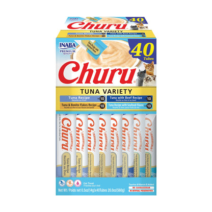 INABA Churu Cat Treats, Lickable, Squeezable Creamy Purée Cat Treat with Green Tea Extract & Taurine, 0.5 Ounces Each Tube, 50 Tubes, Tuna & Chicken Variety