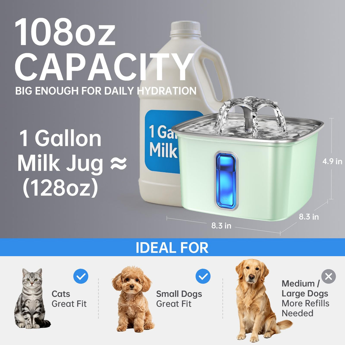 Veken Innovation Award Winner Stainless Steel Cat Water Fountain, 108oz, C1