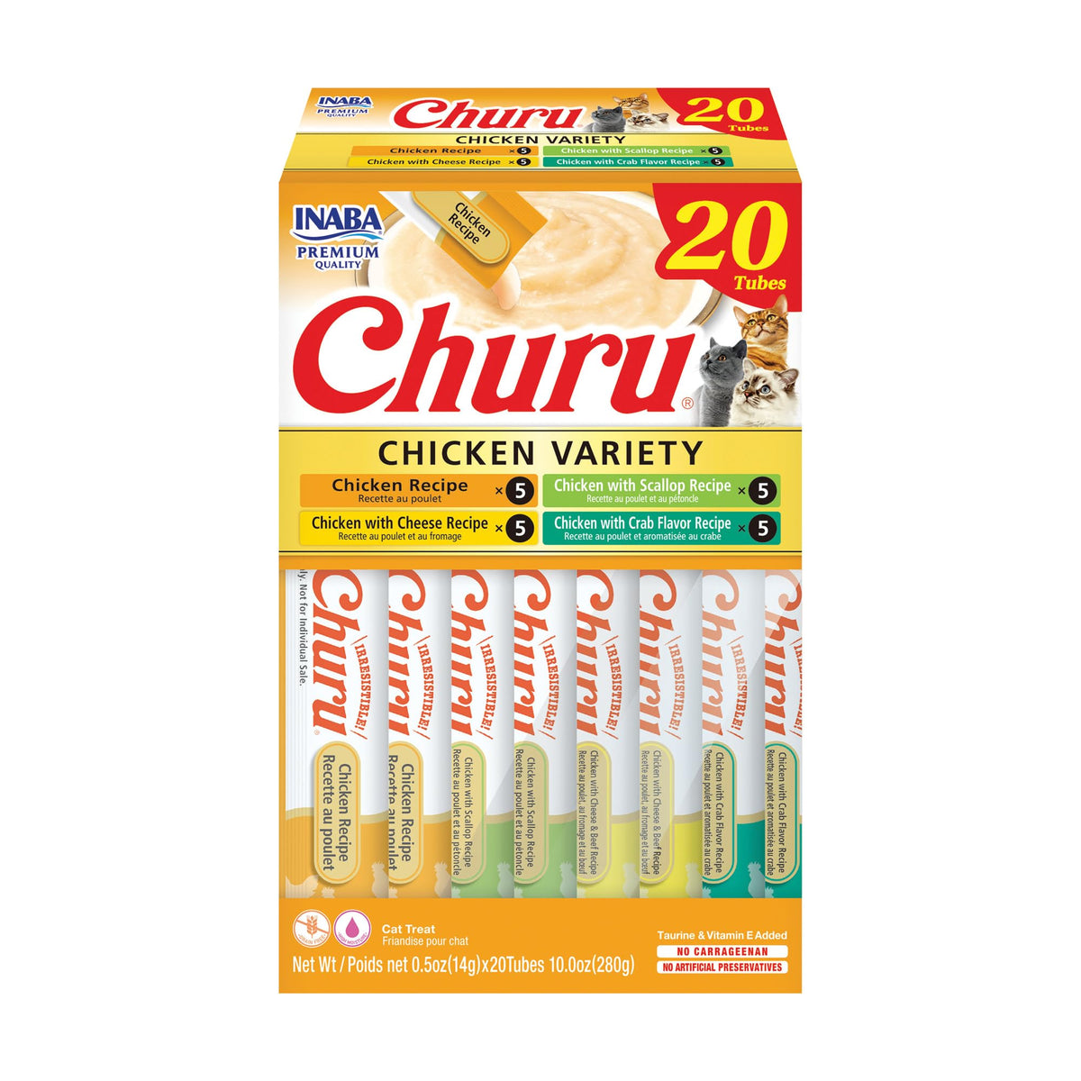 INABA Churu Cat Treats, Lickable, Squeezable Creamy Purée Cat Treat with Green Tea Extract & Taurine, 0.5 Ounces Each Tube, 50 Tubes, Tuna & Chicken Variety