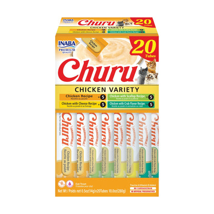 INABA Churu Cat Treats, Lickable, Squeezable Creamy Purée Cat Treat with Green Tea Extract & Taurine, 0.5 Ounces Each Tube, 50 Tubes, Tuna & Chicken Variety