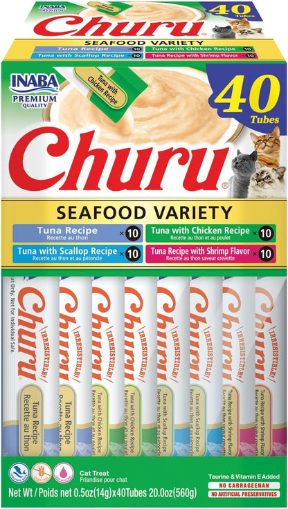 INABA Churu Cat Treats, Lickable, Squeezable Creamy Purée Cat Treat with Green Tea Extract & Taurine, 0.5 Ounces Each Tube, 50 Tubes, Tuna & Chicken Variety