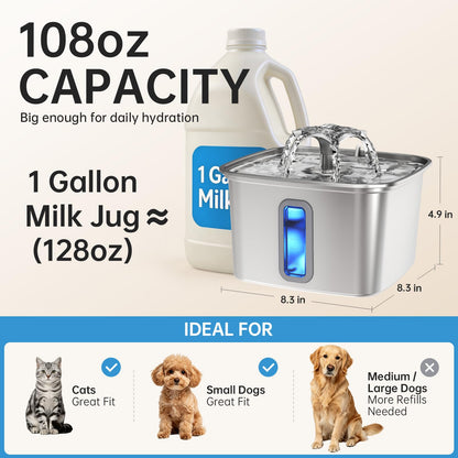 Veken Innovation Award Winner Stainless Steel Cat Water Fountain, 108oz, C1