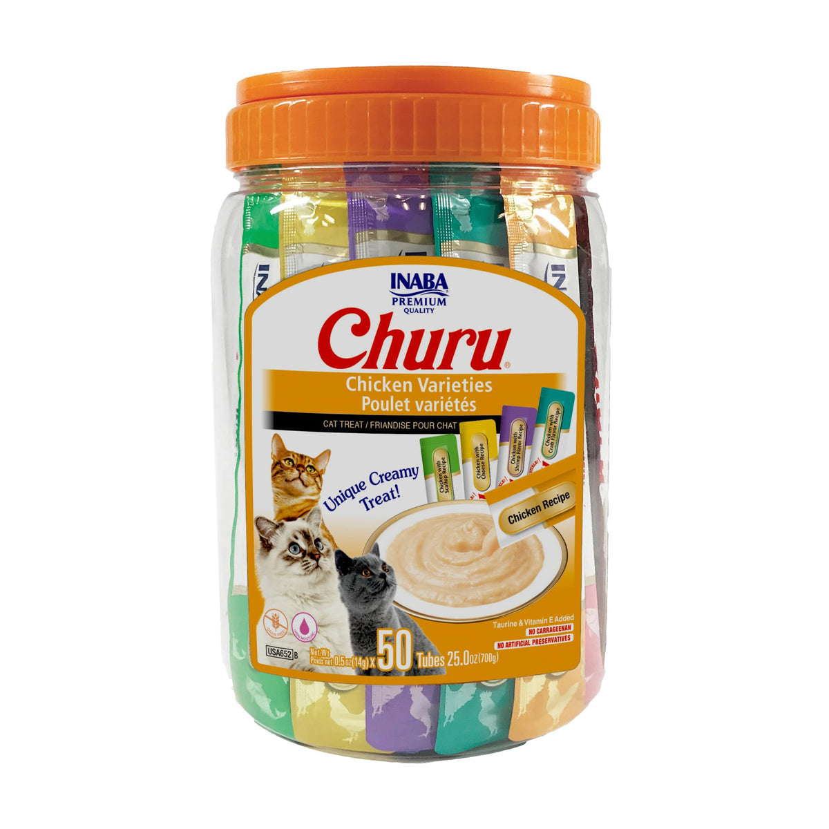 INABA Churu Cat Treats, Lickable, Squeezable Creamy Purée Cat Treat with Green Tea Extract & Taurine, 0.5 Ounces Each Tube, 50 Tubes, Tuna & Chicken Variety