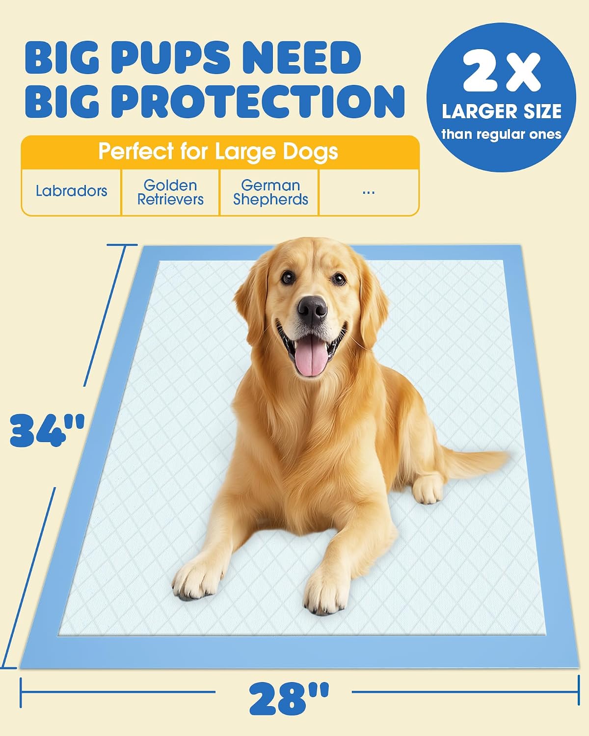 Powools Extra Large Pee Pads, 34 x 28 in, 6-Layer Leakproof, 100-Pack