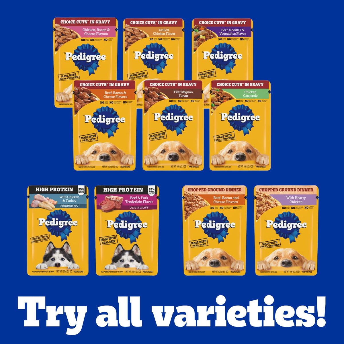 Pedigree Choice Cuts Wet Dog Food Pouch, Protein Variety, 3.5 oz, 30 Count