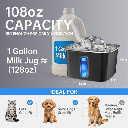 Veken Innovation Award Winner Stainless Steel Cat Water Fountain, 108oz, C1