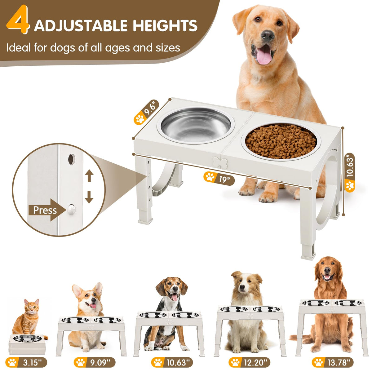 XIAZ Elevated Dog Bowls Large Breed Raised Dogs Bowl Stand Large/Medium Sized Dog 1L Food Water Bowl Stands 5 Heights Adjustable 9/11/12/14in Black Pet Feeder Dish Station