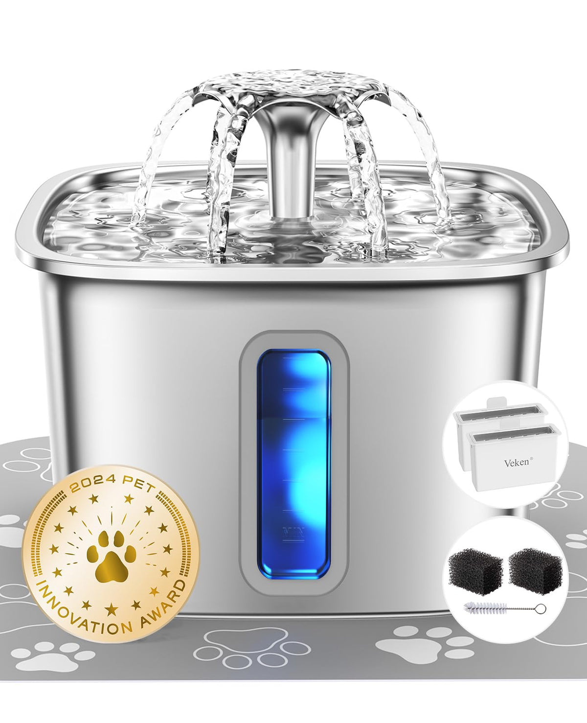 Veken Innovation Award Winner Stainless Steel Cat Water Fountain, 108oz, C1