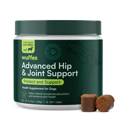 Wuffes Advanced Dog Hip and Joint Supplement with Glucosamine, Chondroitin, Omega 3, MSM, and Green Lipped Mussel, 30 Pork Flavored Chews for Large Dog Breeds