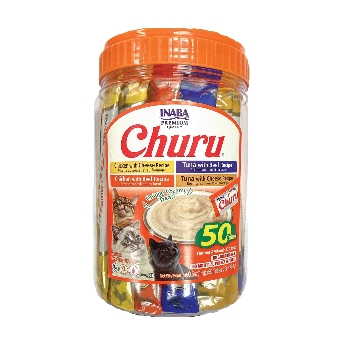 INABA Churu Cat Treats, Lickable, Squeezable Creamy Purée Cat Treat with Green Tea Extract & Taurine, 0.5 Ounces Each Tube, 50 Tubes, Tuna & Chicken Variety