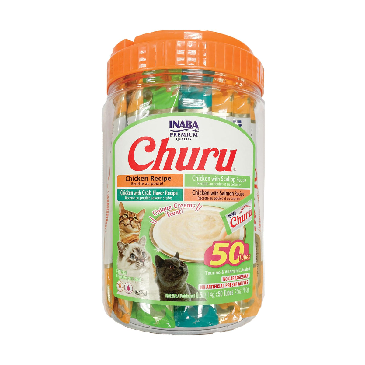 INABA Churu Cat Treats, Lickable, Squeezable Creamy Purée Cat Treat with Green Tea Extract & Taurine, 0.5 Ounces Each Tube, 50 Tubes, Tuna & Chicken Variety