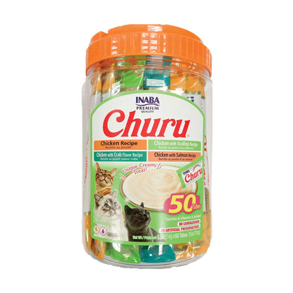 INABA Churu Cat Treats, Lickable, Squeezable Creamy Purée Cat Treat with Green Tea Extract & Taurine, 0.5 Ounces Each Tube, 50 Tubes, Tuna & Chicken Variety