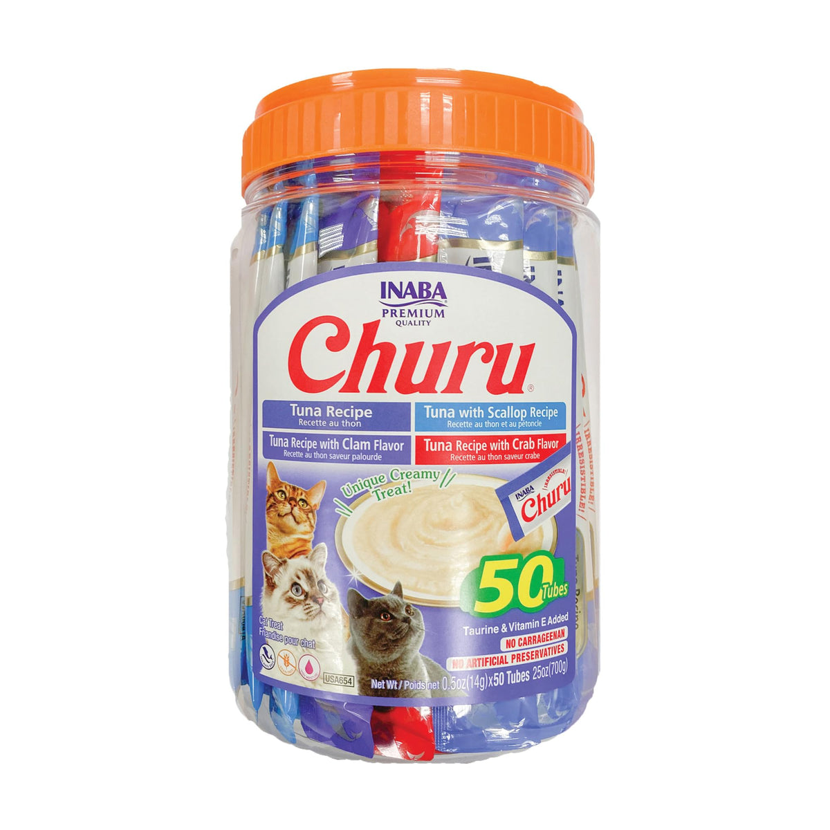 INABA Churu Cat Treats, Lickable, Squeezable Creamy Purée Cat Treat with Green Tea Extract & Taurine, 0.5 Ounces Each Tube, 50 Tubes, Tuna & Chicken Variety