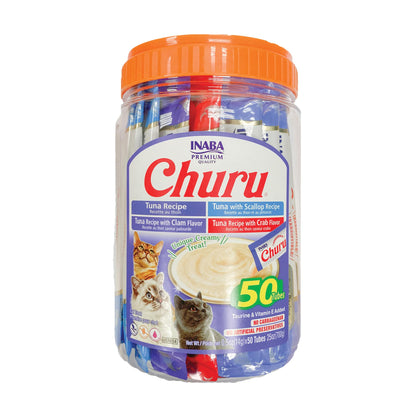 INABA Churu Cat Treats, Lickable, Squeezable Creamy Purée Cat Treat with Green Tea Extract & Taurine, 0.5 Ounces Each Tube, 50 Tubes, Tuna & Chicken Variety