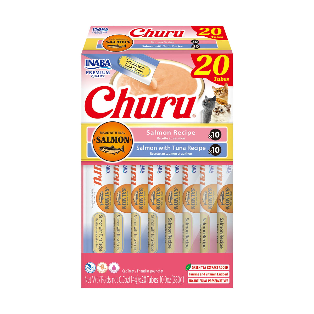 INABA Churu Cat Treats, Lickable, Squeezable Creamy Purée Cat Treat with Green Tea Extract & Taurine, 0.5 Ounces Each Tube, 50 Tubes, Tuna & Chicken Variety