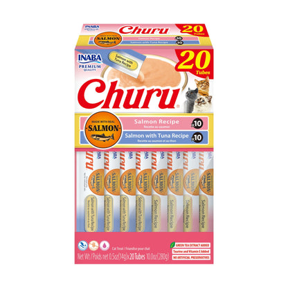 INABA Churu Cat Treats, Lickable, Squeezable Creamy Purée Cat Treat with Green Tea Extract & Taurine, 0.5 Ounces Each Tube, 50 Tubes, Tuna & Chicken Variety