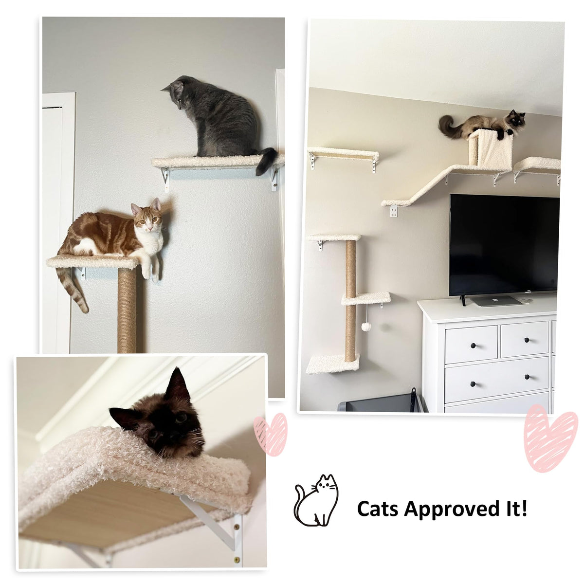 FUKUMARU Cat Wall Shelves, Stable & Safe 4 in 1 Cat Furniture Set, Wooden Climbing Wall with Scratching Post for 16 Inch Drywall - Gray
