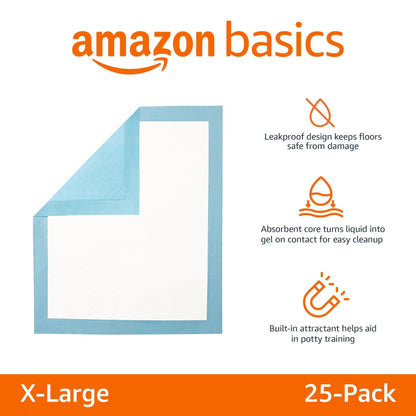 Amazon Basics Heavy Duty Dog and Puppy Pee Pads, Leak-Proof 5-Layer Super Absorbent, Quick-Dry Surface for Potty Training and Housebreaking, Giant Size, 27.5 x 44 Inch, Blue & White, 30-Pack