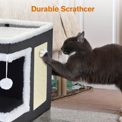 petizer Cat Bed for Indoor Cats, Large Covered Cat House with Scratch Pad, Foldable Cat Cave Bed & Hideaway Cube with Reversible Cushions, Cute Cat Condo for Multi Small Pet Kitten (Dark Grey)