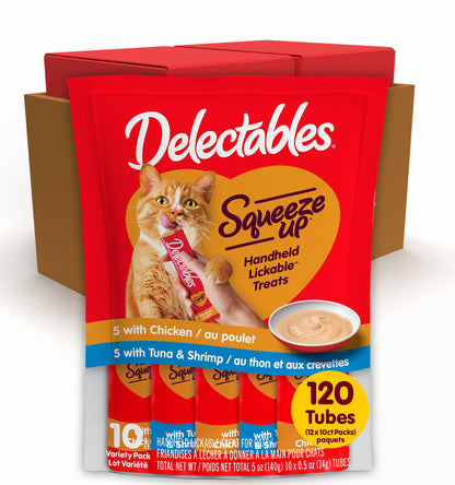 Delectables Squeeze Up Variety Pack, Creamy Squeezable Puree, Lickable Wet Cat Treats, Grain Free, No Added Fillers, No by-Products, No Added Preservatives, 0.5 Ounces Tube, 20 Tubes Total