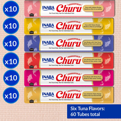 INABA Churu Cat Treats, Lickable, Squeezable Creamy Purée Cat Treat with Green Tea Extract & Taurine, 0.5 Ounces Each Tube, 50 Tubes, Tuna & Chicken Variety