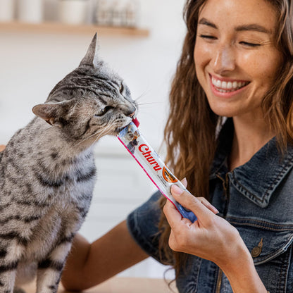 INABA Churu Cat Treats, Lickable, Squeezable Creamy Purée Cat Treat with Green Tea Extract & Taurine, 0.5 Ounces Each Tube, 50 Tubes, Tuna & Chicken Variety
