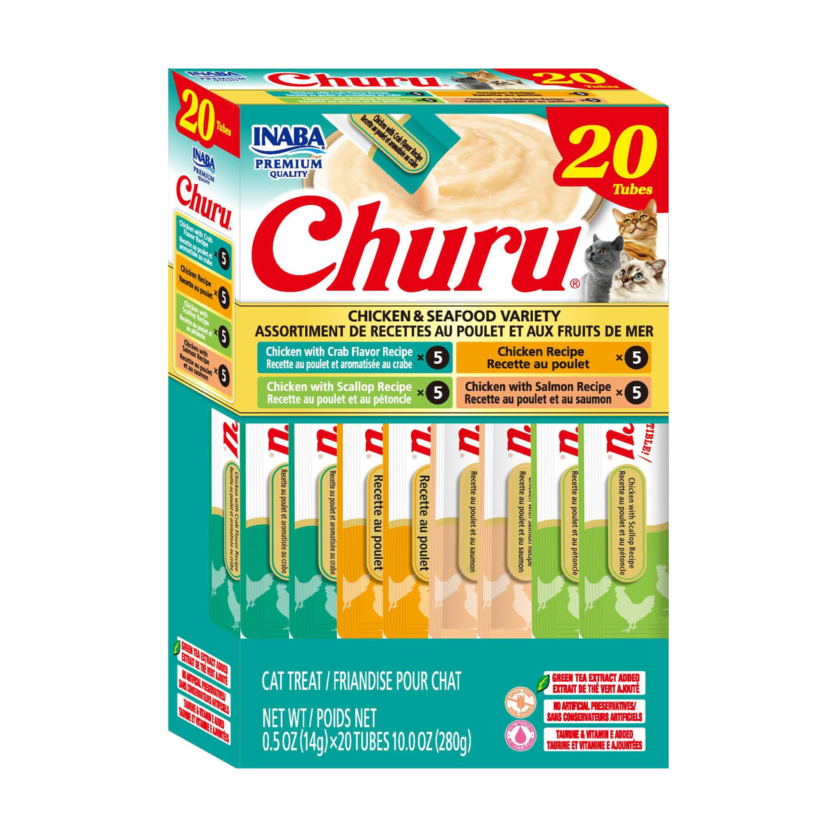 INABA Churu Cat Treats, Lickable, Squeezable Creamy Purée Cat Treat with Green Tea Extract & Taurine, 0.5 Ounces Each Tube, 50 Tubes, Tuna & Chicken Variety
