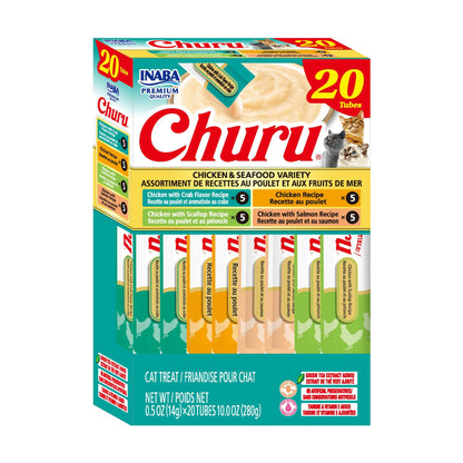 INABA Churu Cat Treats, Lickable, Squeezable Creamy Purée Cat Treat with Green Tea Extract & Taurine, 0.5 Ounces Each Tube, 50 Tubes, Tuna & Chicken Variety