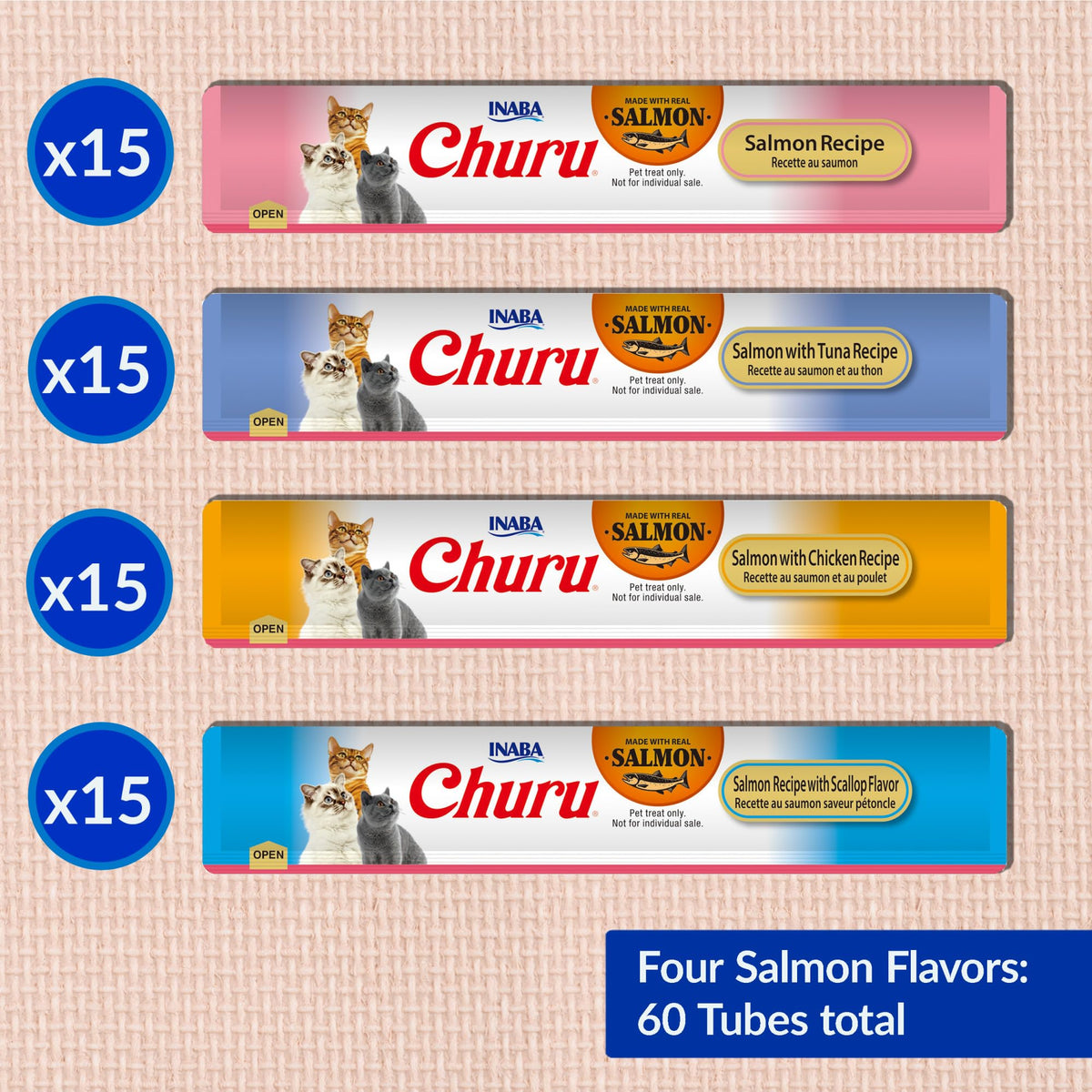 INABA Churu Cat Treats, Lickable, Squeezable Creamy Purée Cat Treat with Green Tea Extract & Taurine, 0.5 Ounces Each Tube, 50 Tubes, Tuna & Chicken Variety
