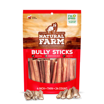 Natural Farm Odor-Free Bully Sticks (4-8”, 16oz) ALL-NATURAL Long-Lasting Chews, 100% Beef Pizzle, Grass-Fed, Grain-Free, Hormone-Free, Protein for Muscle Development & Energy, Perfect For Medium Dogs
