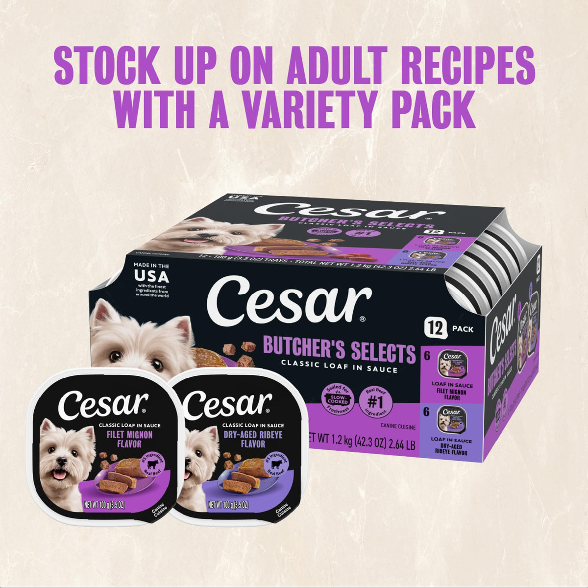 Cesar Classic Loaf in Sauce Wet Dog Food, Meaty Selects, 3.5 oz, 36 Count