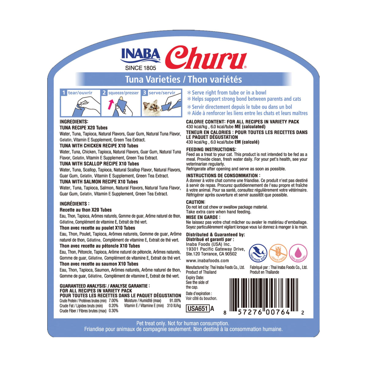 INABA Churu Cat Treats, Lickable, Squeezable Creamy Purée Cat Treat with Green Tea Extract & Taurine, 0.5 Ounces Each Tube, 50 Tubes, Tuna & Chicken Variety