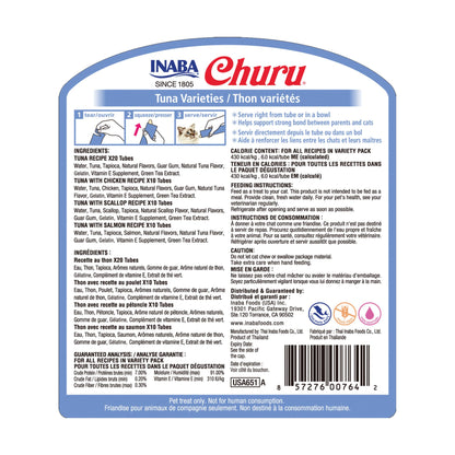 INABA Churu Cat Treats, Lickable, Squeezable Creamy Purée Cat Treat with Green Tea Extract & Taurine, 0.5 Ounces Each Tube, 50 Tubes, Tuna & Chicken Variety