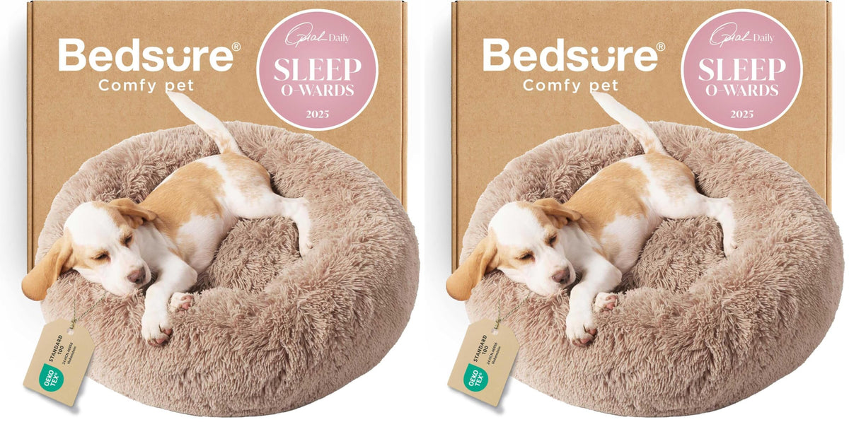 Bedsure Calming Small Medium Dog Bed Donut Washable Puppy Bed,27ins Camel