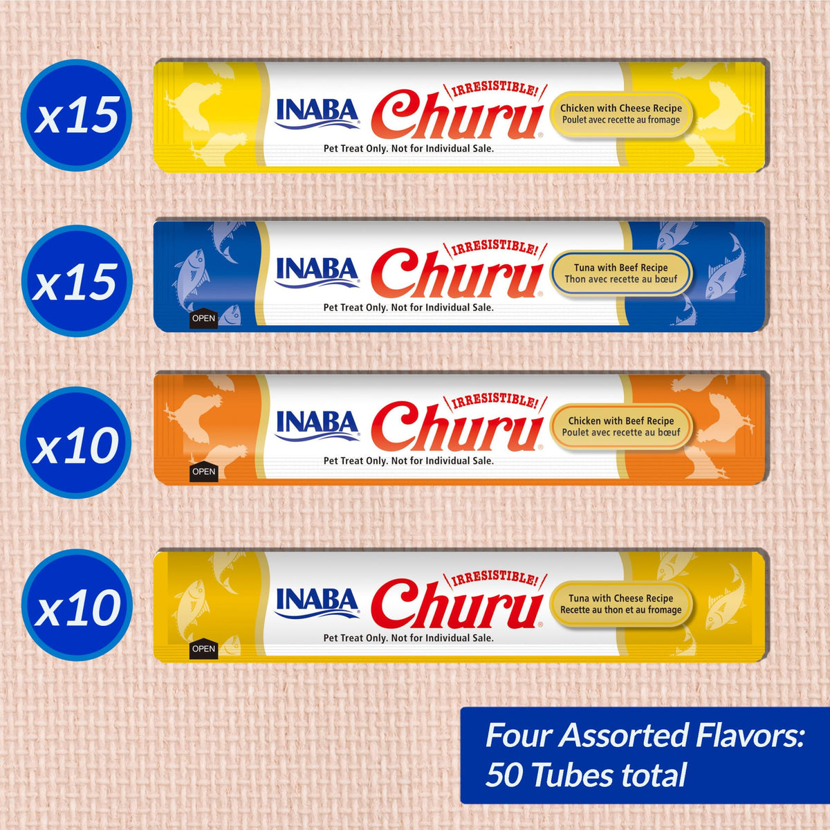 INABA Churu Cat Treats, Lickable, Squeezable Creamy Purée Cat Treat with Green Tea Extract & Taurine, 0.5 Ounces Each Tube, 50 Tubes, Tuna & Chicken Variety