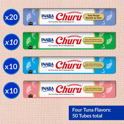 INABA Churu Cat Treats, Lickable, Squeezable Creamy Purée Cat Treat with Green Tea Extract & Taurine, 0.5 Ounces Each Tube, 50 Tubes, Tuna & Chicken Variety